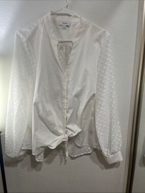 CeCe Cream Tie-Front Button Shirt with Sheer Dot Sleeves